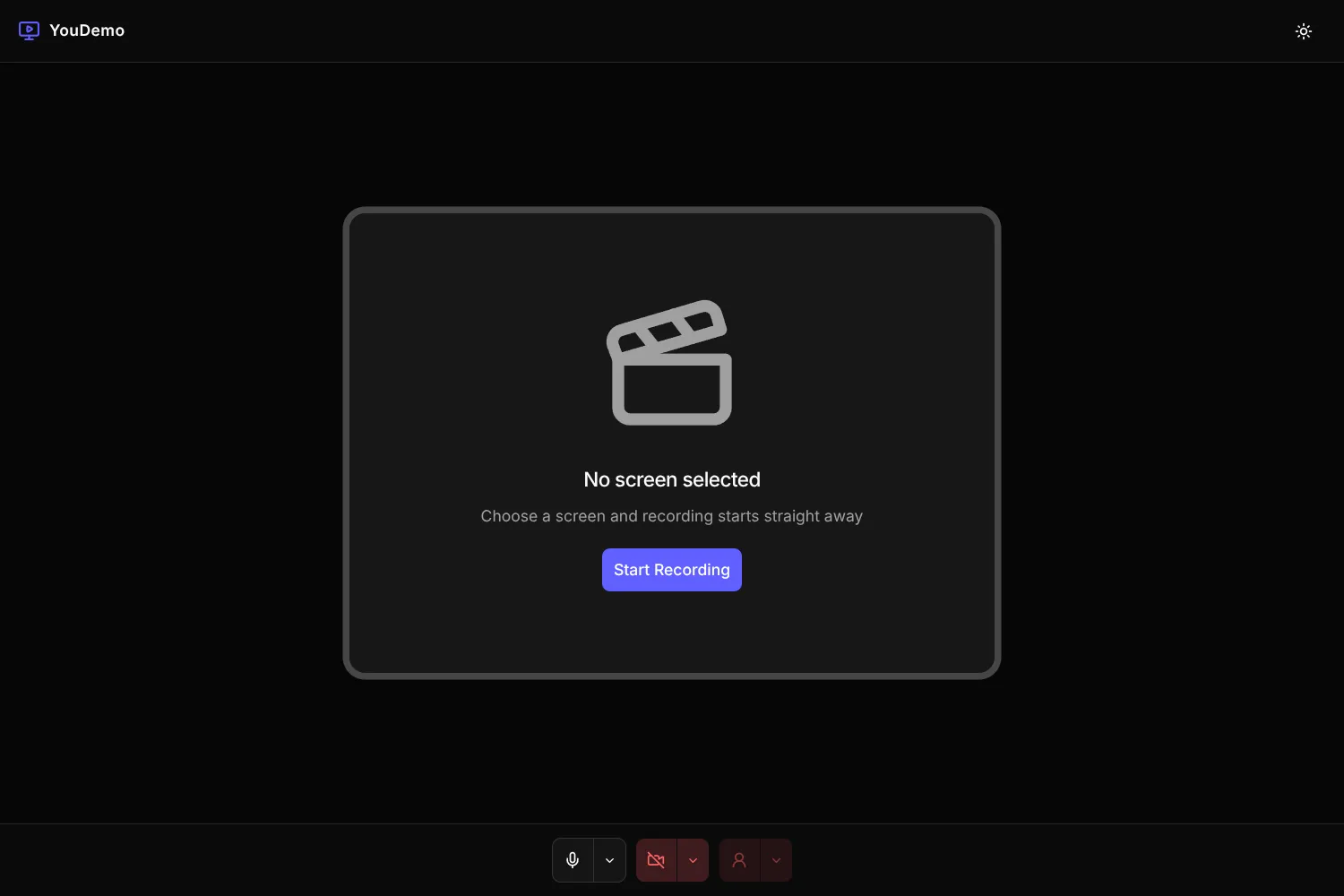 YouDemo recorder interface with a No screen selected prompt and a Start Recording button