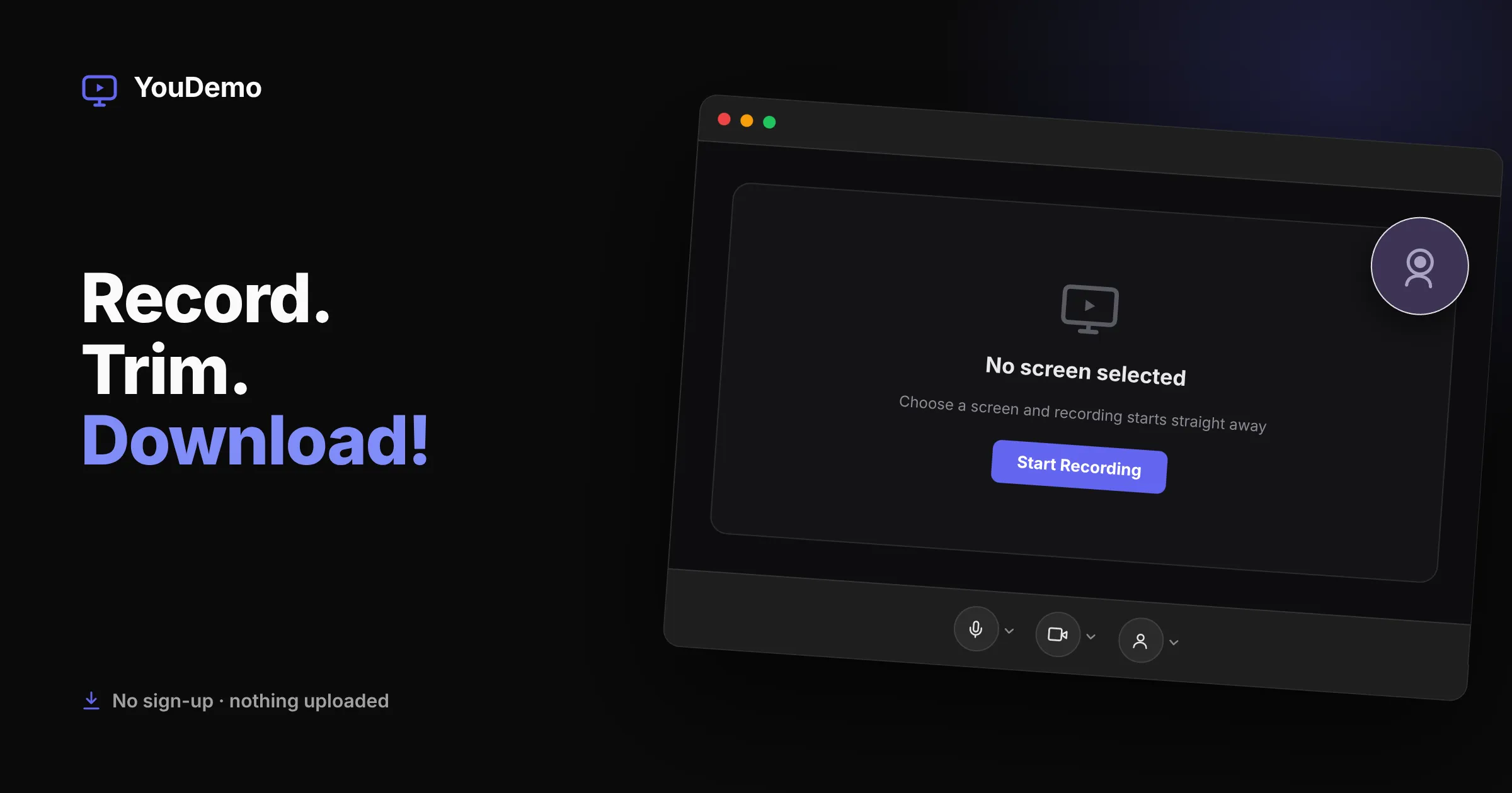 YouDemo recorder interface with a No screen selected prompt and a Start Recording button